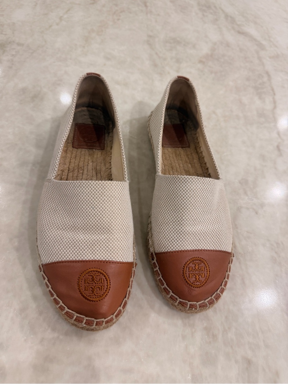 Tory Burch Cream Canvas Espadrille Flats with Brown Leather Cap